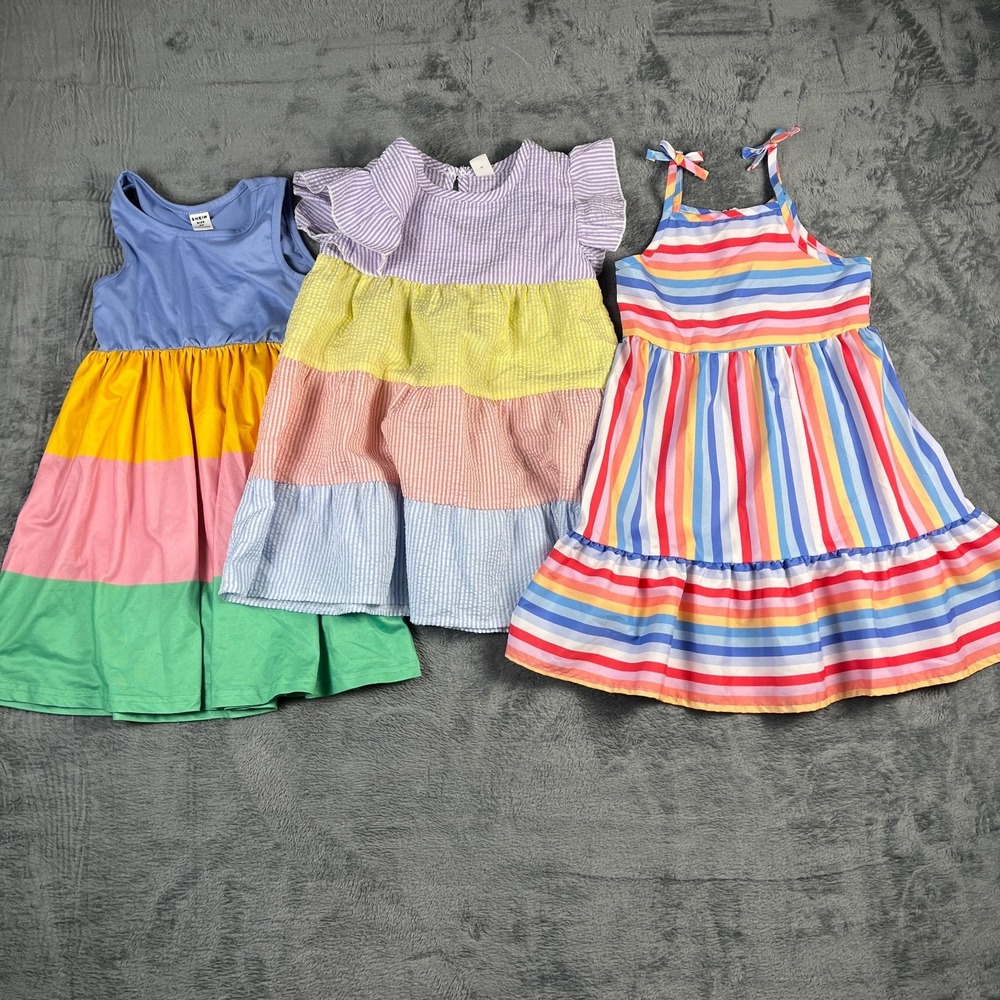 Shein Dresses Girls 4Y Multi Striped Pleated Flutter Sleeve Flounce Hem Lot Of 3